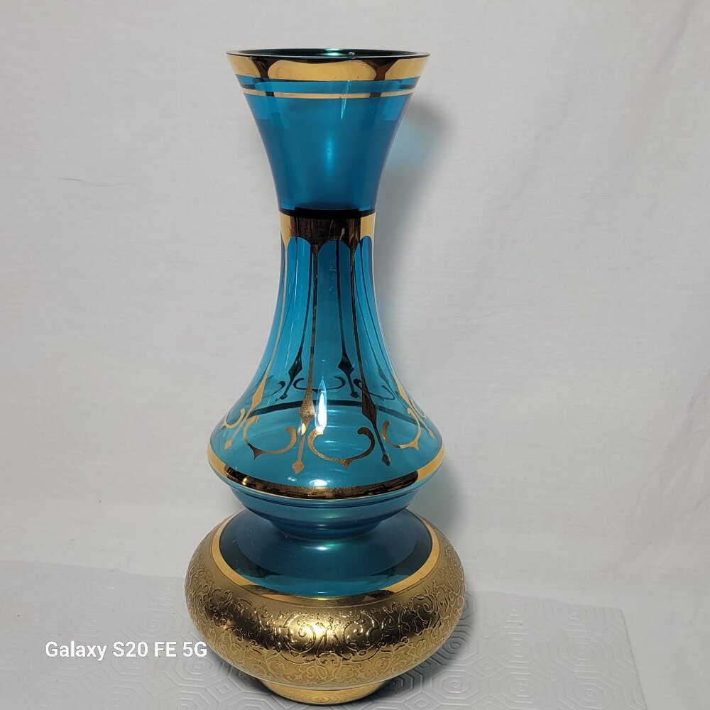 Vintage Bohemia Crystal Czechoslovakia Aqua Turquoise Gold Gilt Vase